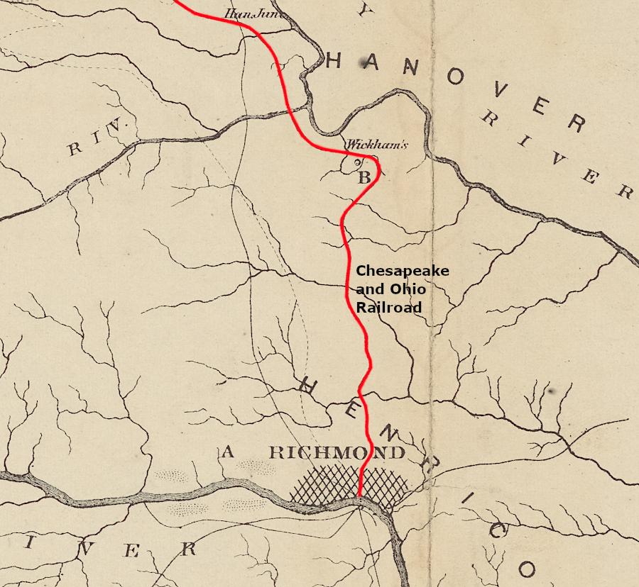 in 1872, the eastern end of the Chesapeake and Ohio (C&O) Railroad was at the James River docks in Richmond