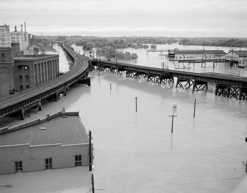 the Chesapeake and Ohio Railway and viaduct, looking east from I-95 past Main Street Station during Hurricane Agnes flooding in 1972
