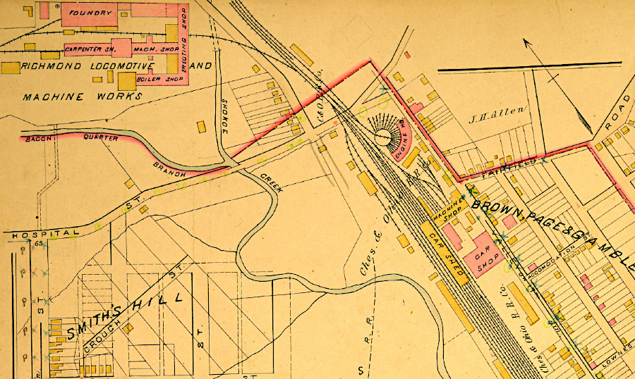 in 1889 the Chesapeake & Ohio Railway roundhouse in Richmond was in Shockoe Valley, next to the locomotive works