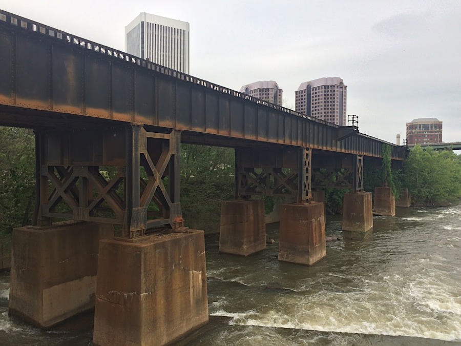 Chesapeake and Ohio Railroad viaduct in Richmond, along the James River shoreline