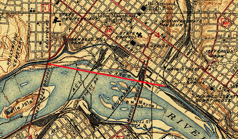the Chesapeake and Ohio Railroad viaduct (red) bypassed congestion along the Richmond waterfront