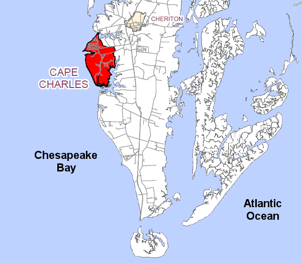 the Town of Cape Charles is 11 miles north of the Cape Charles tip of the Delmarva Peninsula