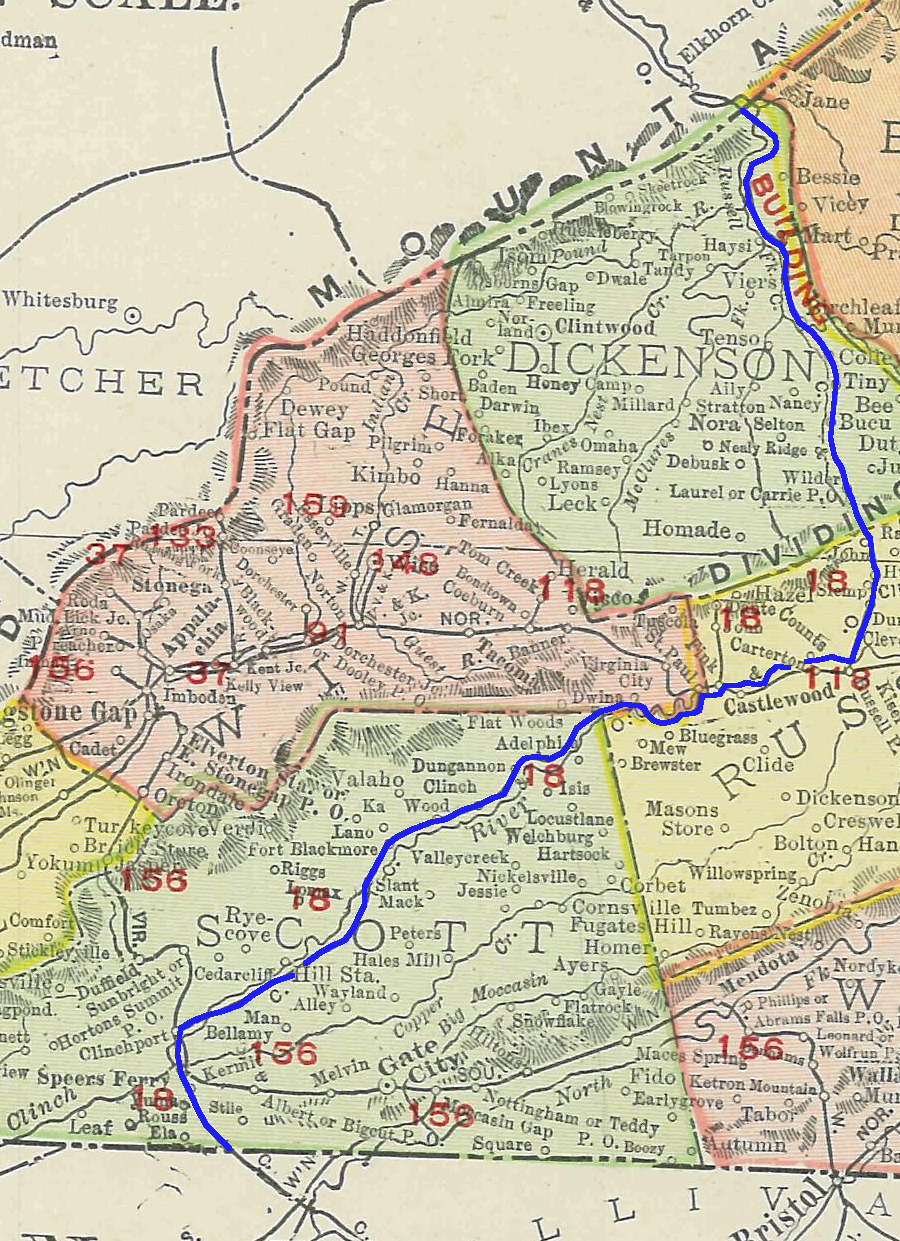 a 1913 map shows the extension of the CC&O (blue line) from Pound Gap to Elkhorn City as Building