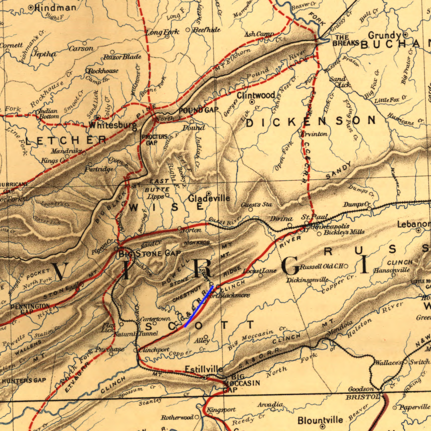 in 1891, the Charleston, Cincinnati and Chicago Railroad planned to tunnel through Sandy Ridge north of St. Paul to reach Elkhorn City