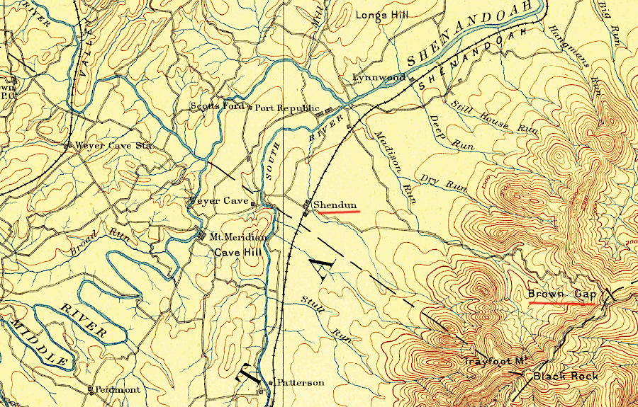 the Chesapeake, Shendun, & Western Railroad planned to cross the Blue Ridge at Brown Gap and connect to Shendun (Grottoes) - not to Elkton