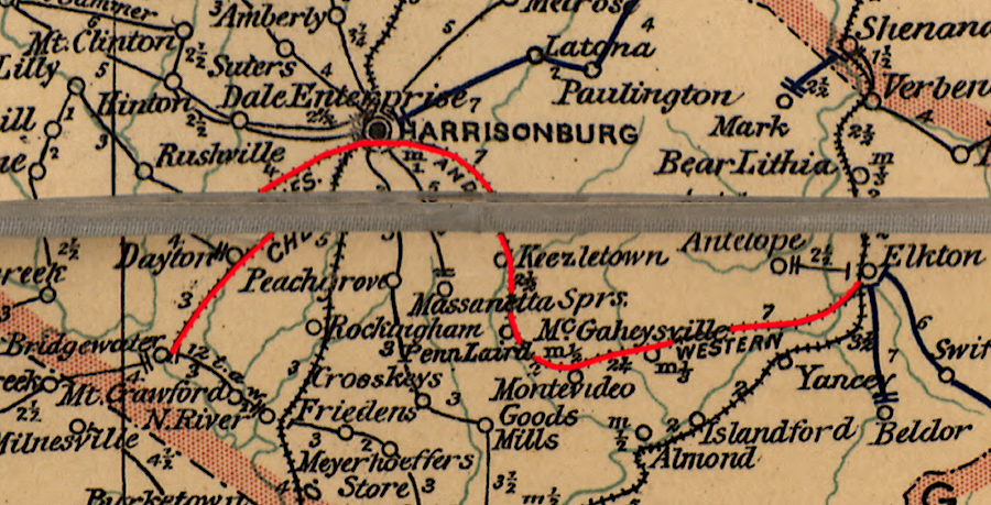 the Chesapeake and Western Rail Road in 1896  (with seam of paper map in the middle)