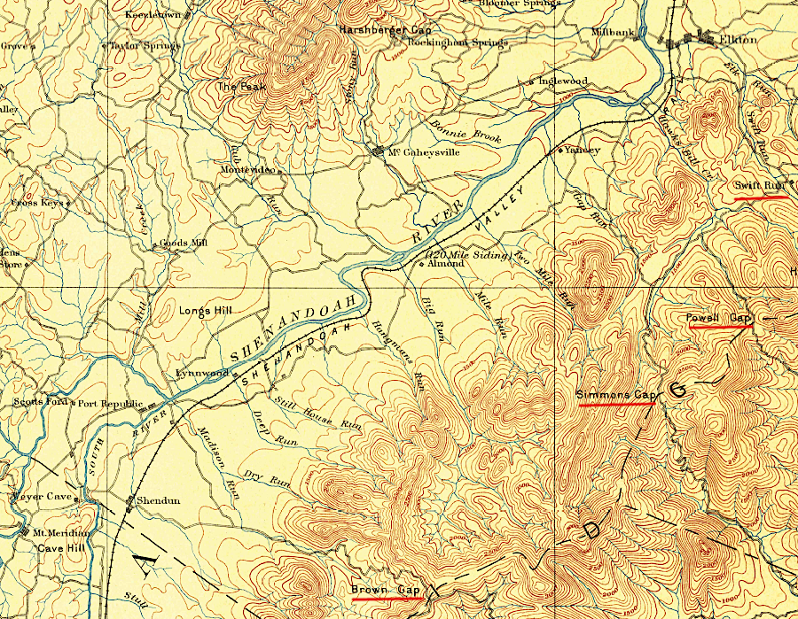 a business decision determined that the Chesapeake, & Western Railroad would connect to Elkton, and topography determned how it might cross the Blue Ridge