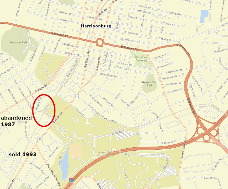 the Norfolk and Western Railway stopped operations south of Pleasant Hill (red circle) in 1985, and abandoned the track west of Pleasant Hill in 1987