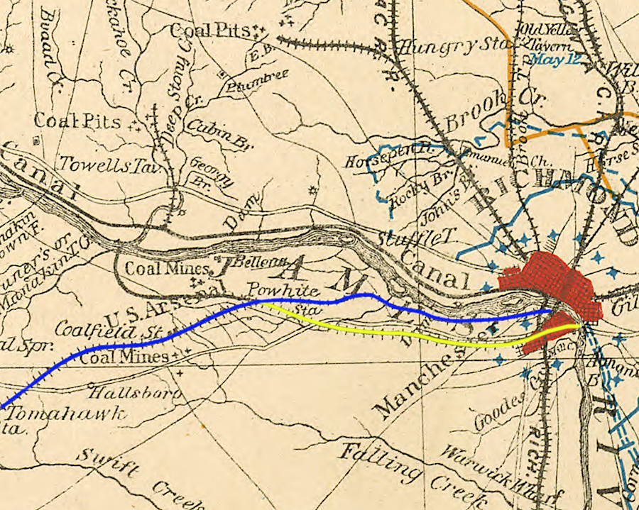 the Richmond and Danville Railroad (blue) reached Coalfield Station (now Midlothian) in 1850, and put the Chesterfield Railroad (yellow) out of business