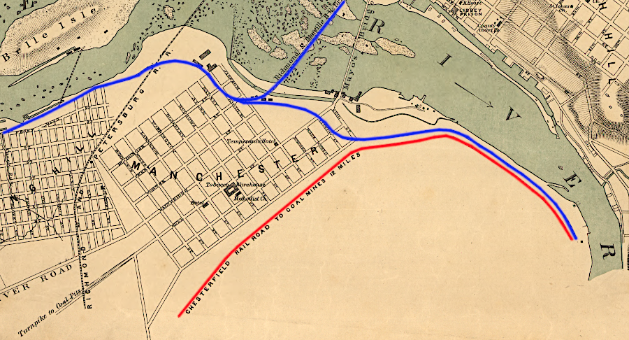 the Richmond and Danville Railroad (blue) purchased real estate from the Chesterfeld Railroad (red) between Manchester and the James River wharves