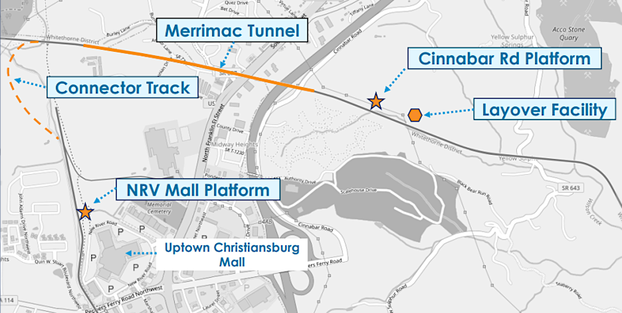if the Virginian Railway route was used to reach Christiansburg, a Cinnebar Road station avoiding Merrimac Tunnel could save $500 million in construction costs