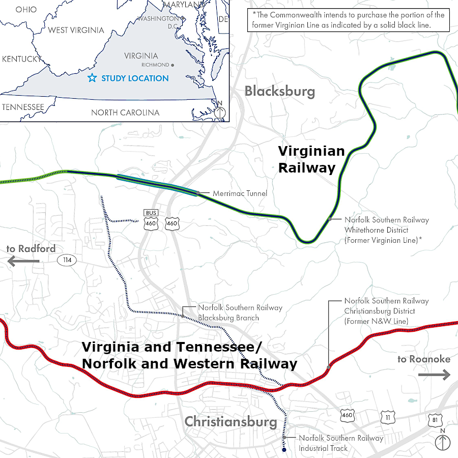 the option of locating a station on the old Norfolk and Western Railway track was dropped after the state decided to acquire 28 miles of the old Virginian Railway track