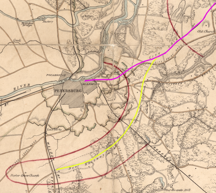 the US Military Railroad built nine miles of track (yellow) west of Pitkin Station in 1864 to extend the City Point Railroad to the Weldon Railroad