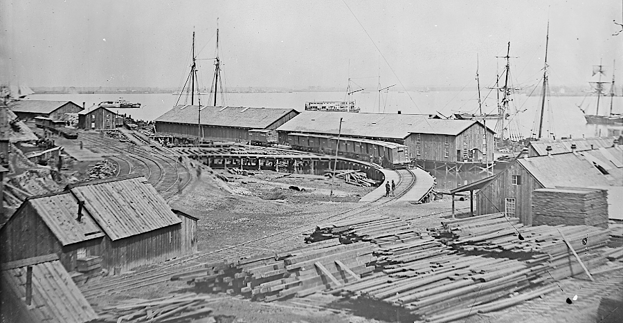 the wharves at City Point, the eastern terminus of the City Point Railroad, facilitated transport of Union Army supplies in 1864-65