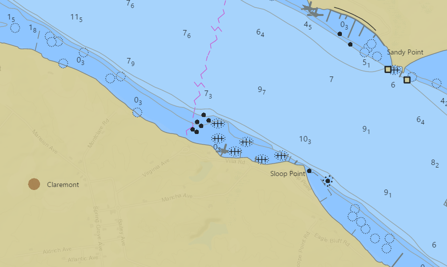 modern navigation charts mark pilings and wrecks, evidence of Claremont Wharf's past existence