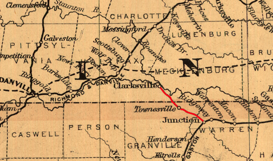 the Oxford and Clarksville Railroad (red) linked to the Raleigh and Gaston Railroad at Oxford, North Carolina after the Civil War
