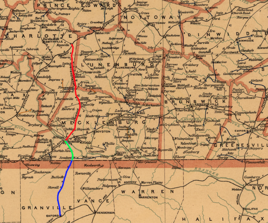 Clarksville was connected to the north by the Richmond and Mecklenburg Railroad (red), and to the south by the Clarksville and North Carolina Railroad (green)/Oxford and Clarksville Railroad (blue)