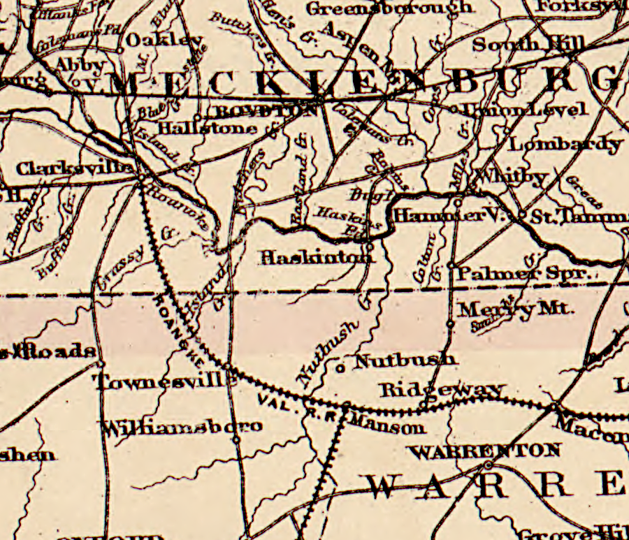 the Roanoke Valley Railroad linked Clarksville to Manson, initially