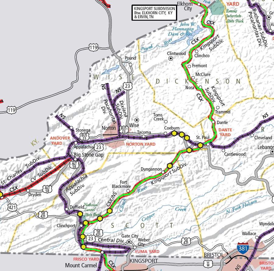 the route of the Clinchfield (green line) is still used by the CSX