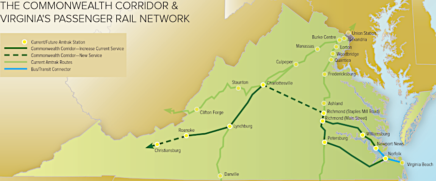 as proposed in 2019, the Commonwealth Corridor would expand rail service from Virginia Beach to Christiansburg