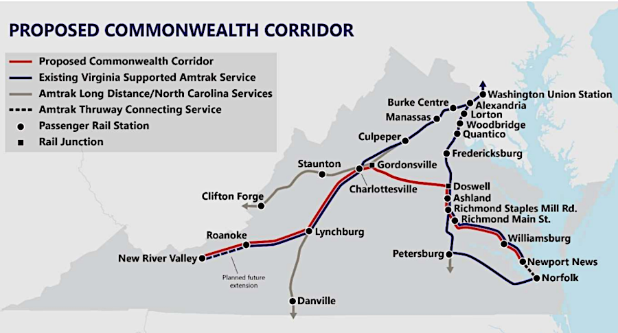 the Commonwealth Corridor proposed in 2021 would pass through Charlottesville, unlike the Hilltopper than went through Lynchburg