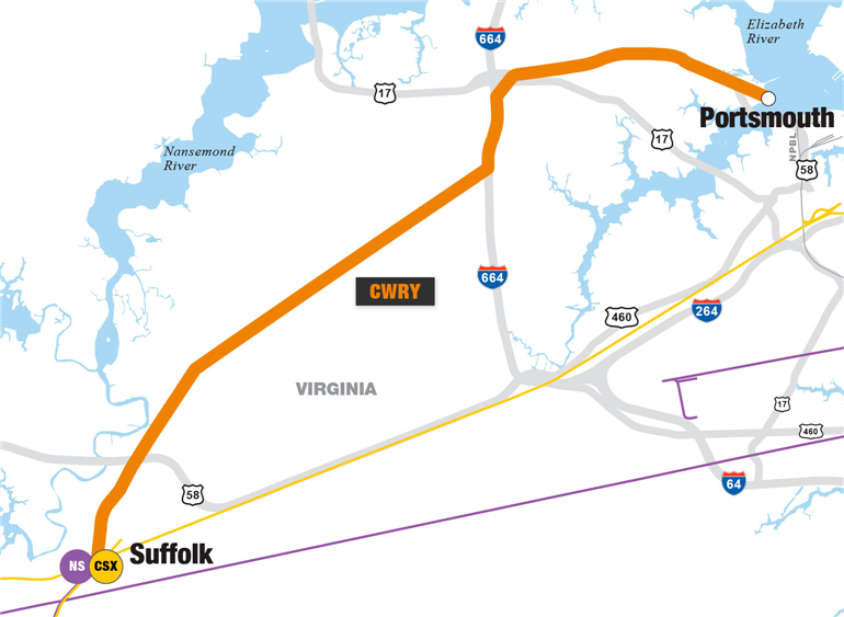 the Commonwealth Railroad connects the Virginia International Gateway (VIG) terminal to the CSX and Norfolk Southern in Suffolk