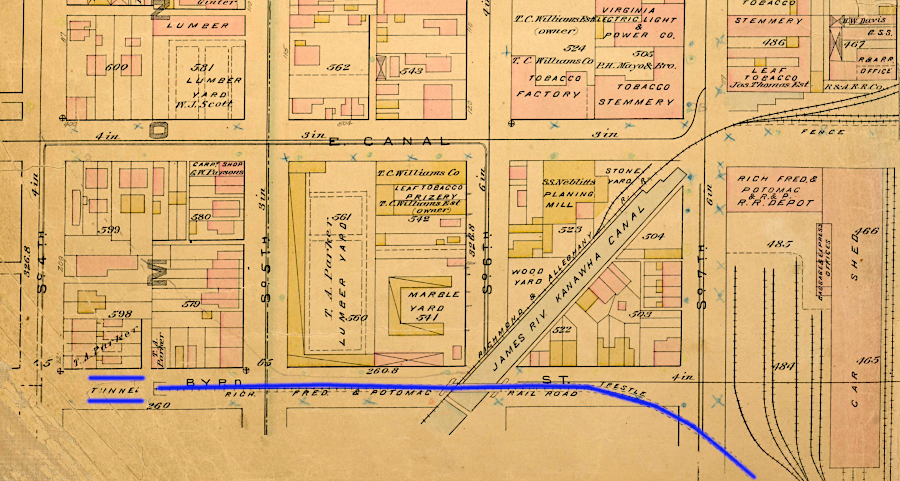 the Richmond, Fredericksburg and Potomac and the Richmond and Petersburg Connection tunnel passed under 3rd and 4th Street