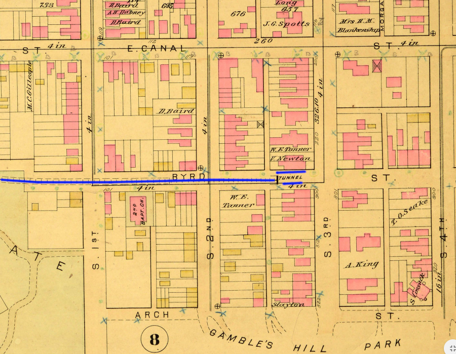 the Richmond, Fredericksburg and Potomac and the Richmond and Petersburg Connection tunnel passed under 3rd and 4th Street