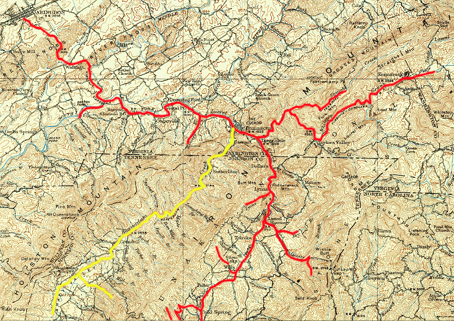 the Virginia-Carolina Railroad (red) and the Beaver Dam Railroad (yellow) moved timber products through the Blue Ridge to mills and market via Abingdon in 1911