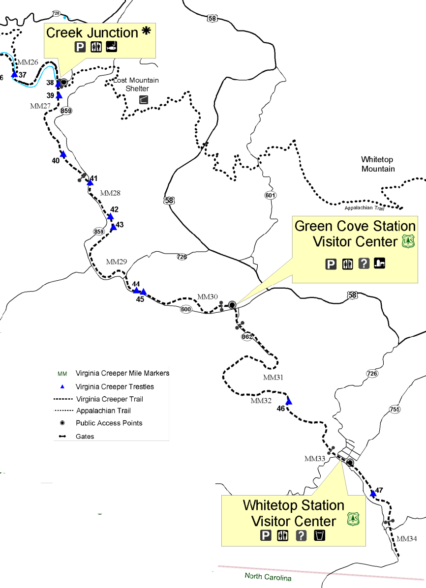 the Virginia Creeper Trail, unlike the Virginia-Carolina Railroad, does not extend into North Carolina