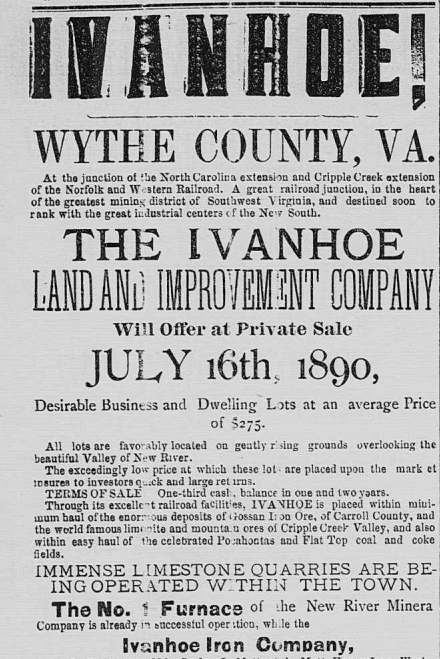 in 1890, boosters of Ivanhoe hyped a proposed extension of the railroad into North Carolina