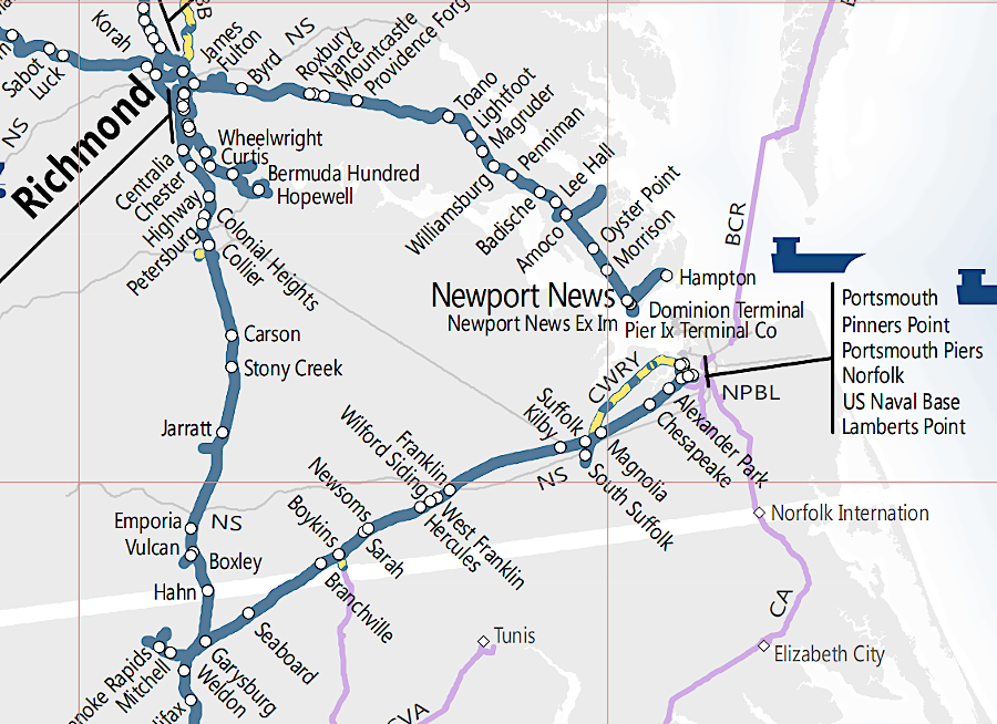 CSX now controls the routes of the original Portsmouth and Roanoke (Seaboard and Roanoke),  Petersburg, and Norfolk & Carolina railroads
