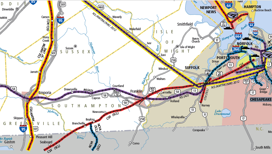 the line developed initially as the Portsmouth and Roanoke Railroad is now the modern route of the CSX (outlined in red), providing access to shipping terminals on the Elizabeth River