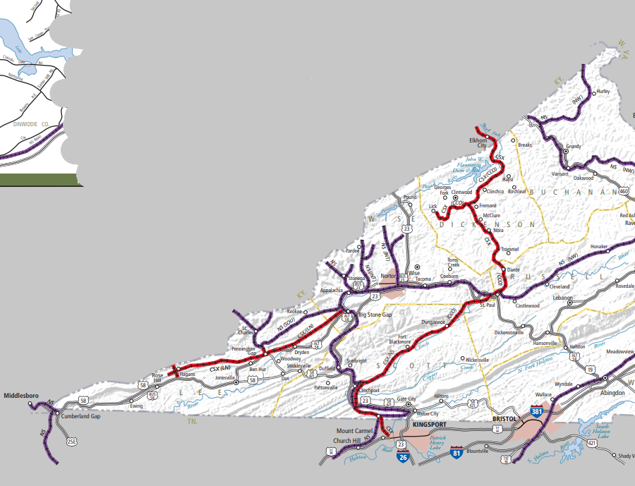 CSXT (red line) uses routes first built by the Louisville and Nashville and the Clinchfield railroads to carry West Virginia coal to South Carolina and Georgia
