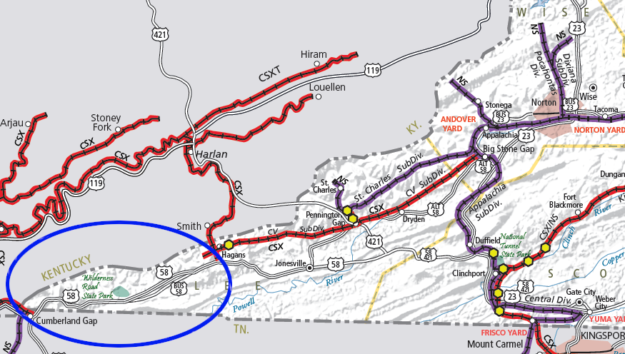 much of the Louisville and Nashville Railroad track from Cumberland Gap towards Norton was abandoned in 1987