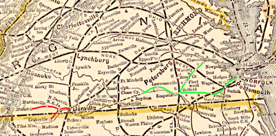 the Danville & Western Railway (red) was completed to Stuart in 1884, before the Atlantic and Danville Railroad (green) started to built west from Emporia in 1887