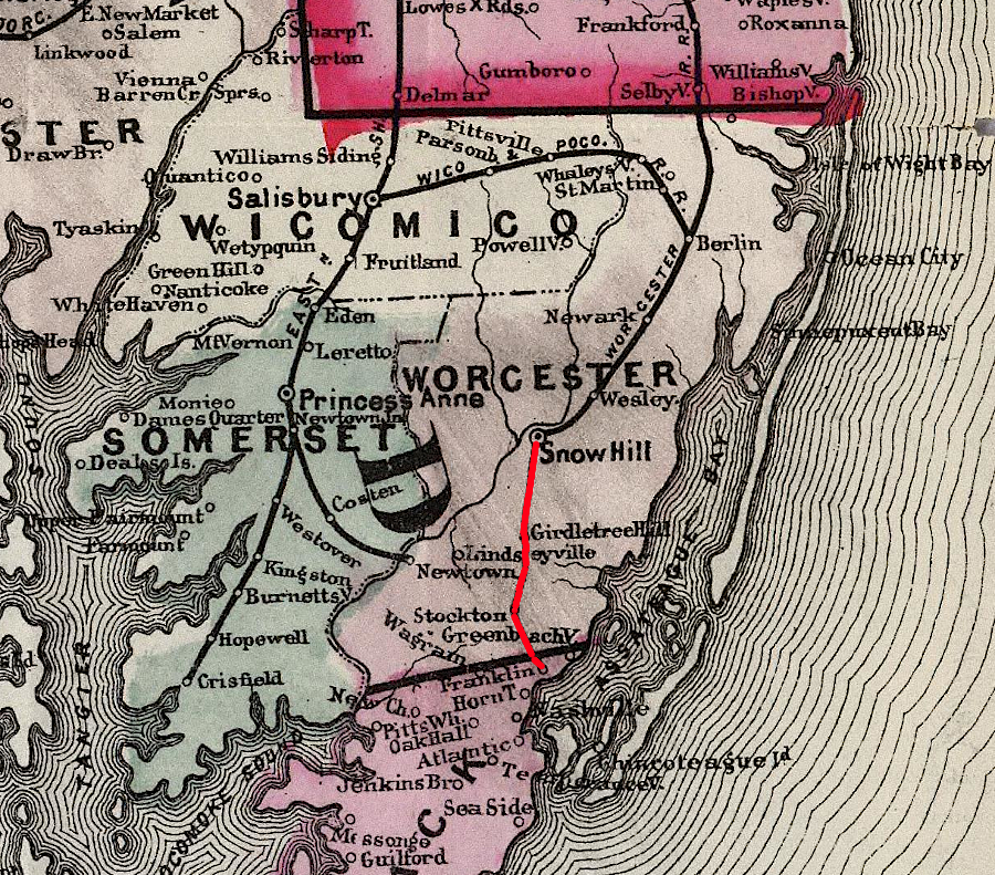 the Worcester Railroad built an extension to Franklin City (in red), and shipped seafood from Chincoteague to customers in Philadelphia and New York