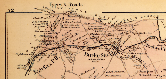 Fairfax Station (Fairfax P. O.) developed after the rail line bypassed Fairfax Court House (Farrs X Roads), to avoid climbing the hill