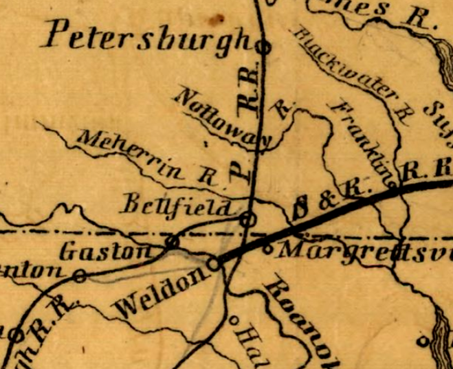 Petersburg built separate rail connections from Belfield south to Gaston and to Weldon, competing with the Seaboard and Roanoke Railroad for traffic floating down the Roanoke River