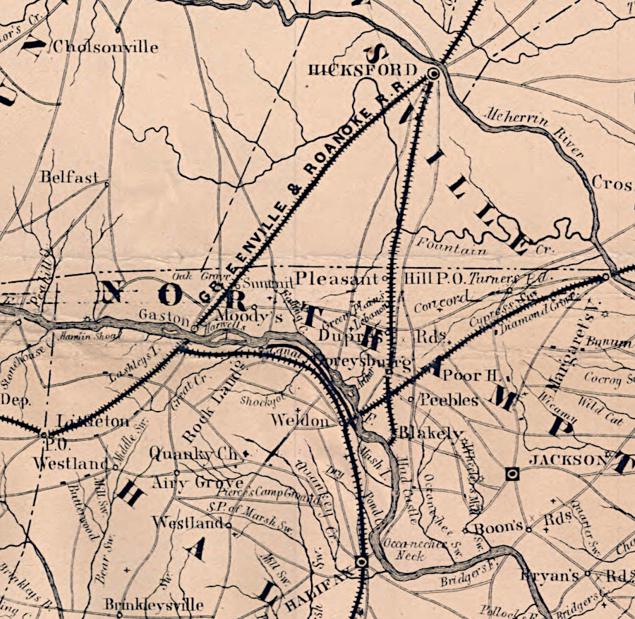 the Raleigh and Gaston Railroad connection to Weldon, completed in 1853, gave it connections beyond just the Greenville and Roanoke Railroad