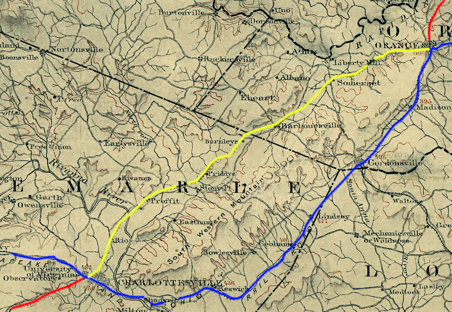 the Washington City, Virginia Midland & Great Southern Railroad (red) leased the Charlottesville & Rapidan Railroad (yellow), eliminating need to use the Chesapeake and Ohio Railroad track (blue)