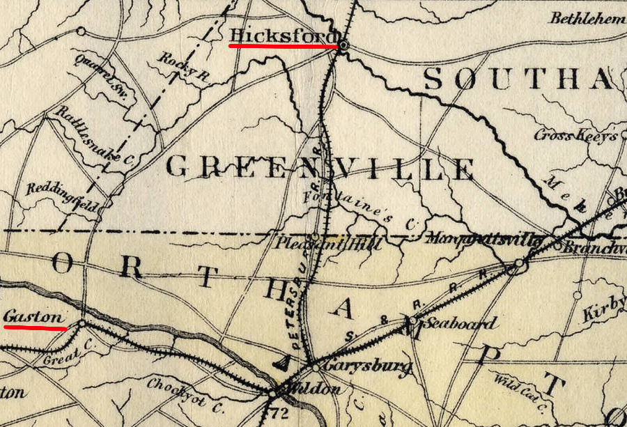 the Greensville and Roanoke Railroad track between Hicksford and Gaston was abandoned in 1874, and does not appear on this 1882 map