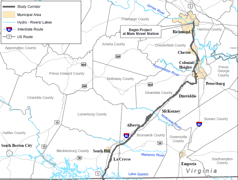 high-speed rail through Southside Virginia would parallel I-85, not I-95, since the priority for passenger rail is to link Richmond with Raleigh, Charlotte and Atlanta
