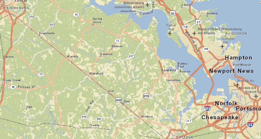 only small communities are located along the rail line between Petersburg-Suffolk