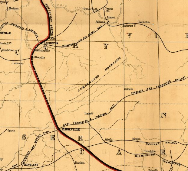 the first rail line proposed in 1836 to connect Charleston to Cincinnati bypassed Cumberland Gap, and followed the route later used by I-75 across the Tennessee-Kentucky border