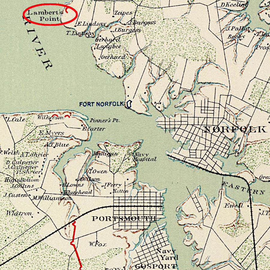 the Norfolk and Western Railroad built its first Norfolk docks at the mouth of the Eastern Branch of the Elizabeth River, not at Lambert's Point