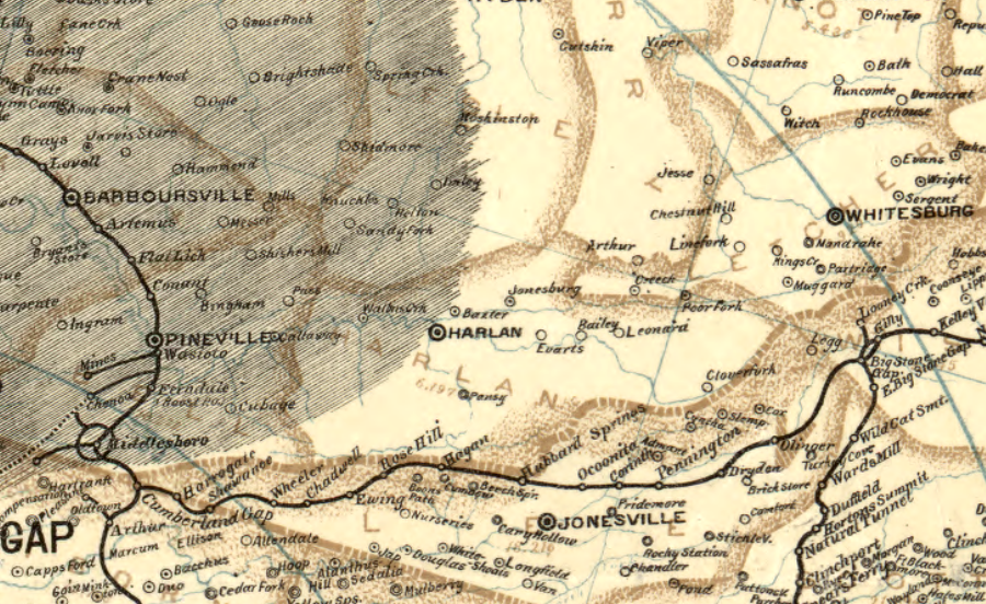 the Louisville and Nashville Railroad first built through Cumberland Gap to the Virginia coalfields, and reached Harlan 15 years later
