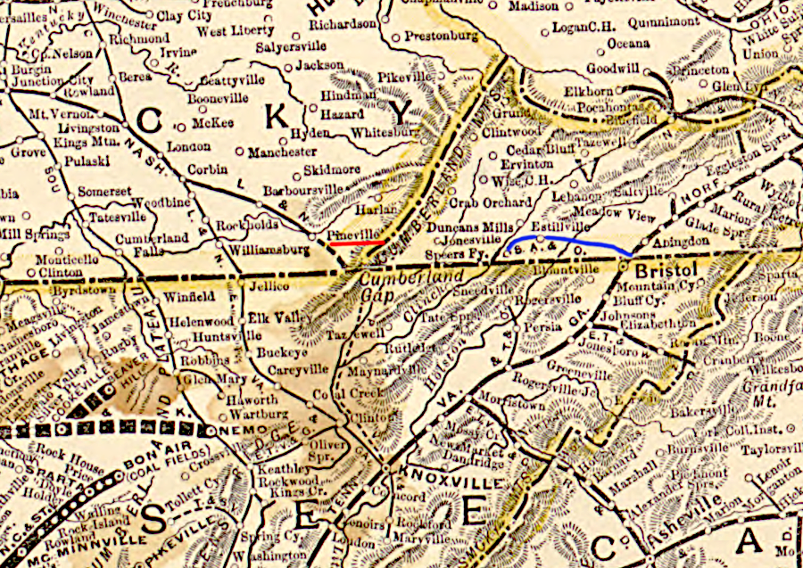 the Louisville and Nashville Railroad reached Pineville in 1888, as the South Atlantic and Ohio Railroad (blue) was crossing the Clinch River