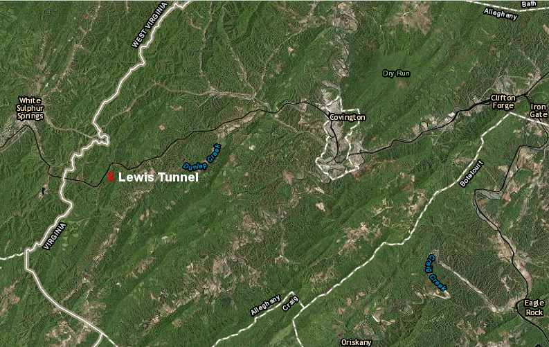 the Lewis Tunnel was constructed in Alleghany County to help the C&O Railroad cross the watershed divide between the headwaters of the James River in Virginia and the Greenbrier River in West Virginia