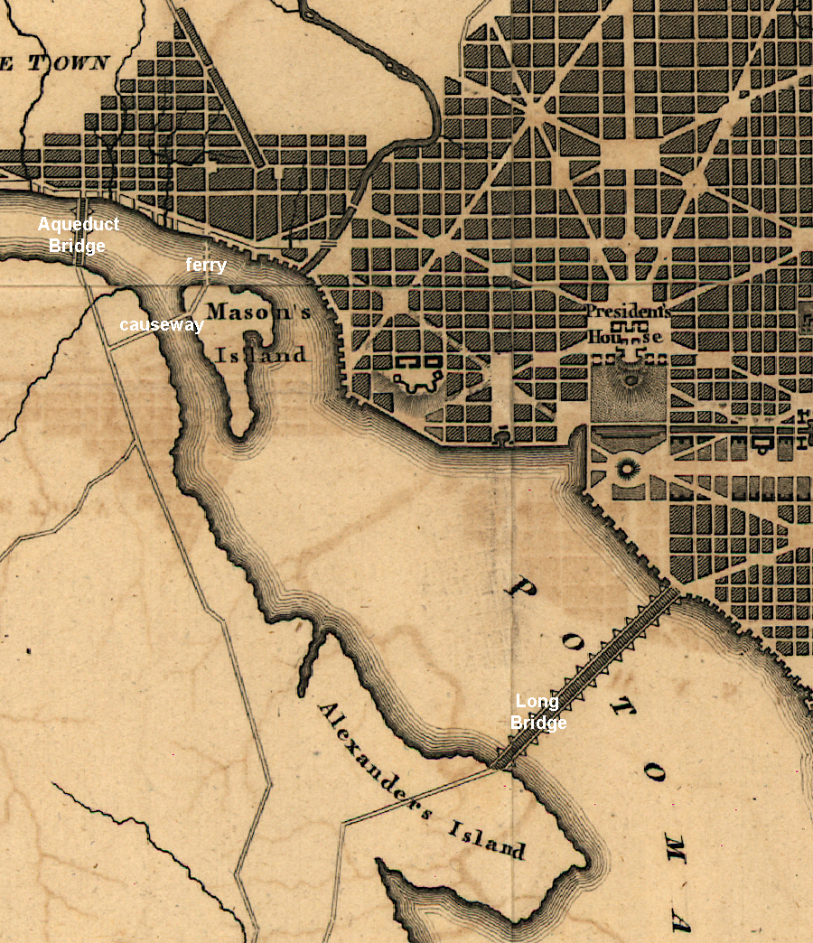at the start of the Civil War, Long Bridge, Aqueduct Bridge, and Chain Bridge crossed the Potomac River along with a causeway/ferry at Mason's Island